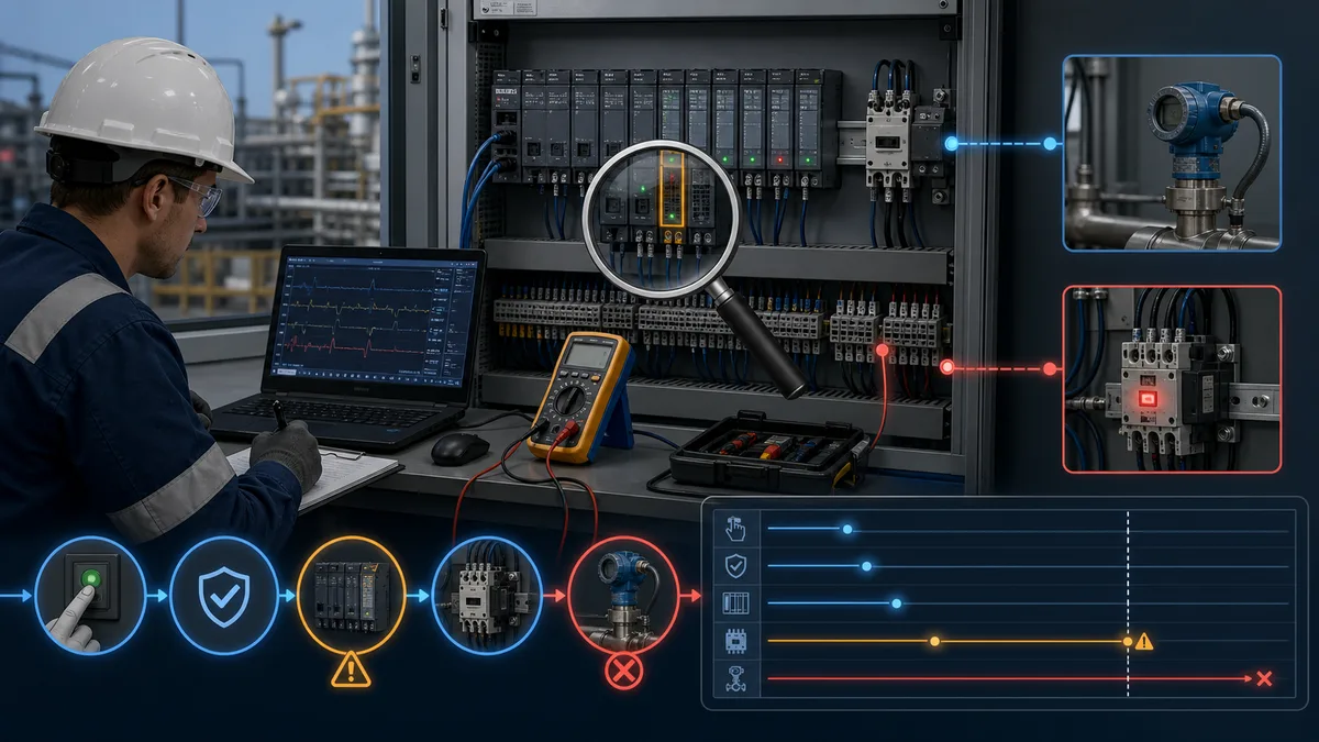 Controls engineer safely tracing an interlock from command request and PLC I-O status through contactor energization to failed transmitter feedback using trends, first-out and controlled measurements