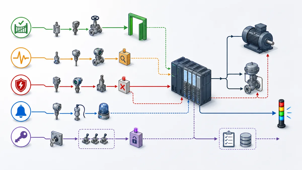 Five connected PLC control paths distinguishing a green pre-start permissive, amber running interlock, red automatic trip, blue operator alarm and purple controlled maintenance bypass