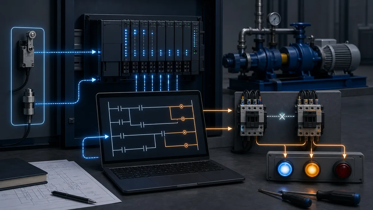 Industrial PLC interlock evidence workbench connecting field switches and sensors through controller logic to mutually exclusive contactors, status lamps and a pump motor