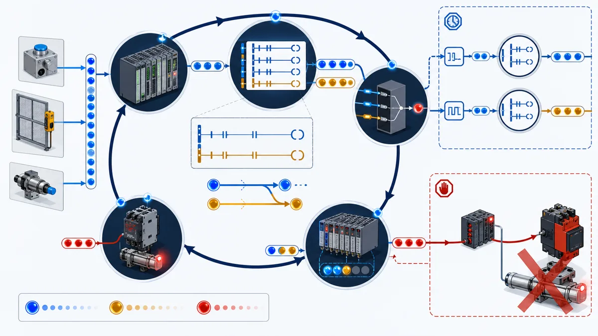 PLC scan-cycle diagram tracing sampled field inputs through ordered ladder execution, competing writes, output image and physical actuator, with event-task and immediate-I-O exception branches