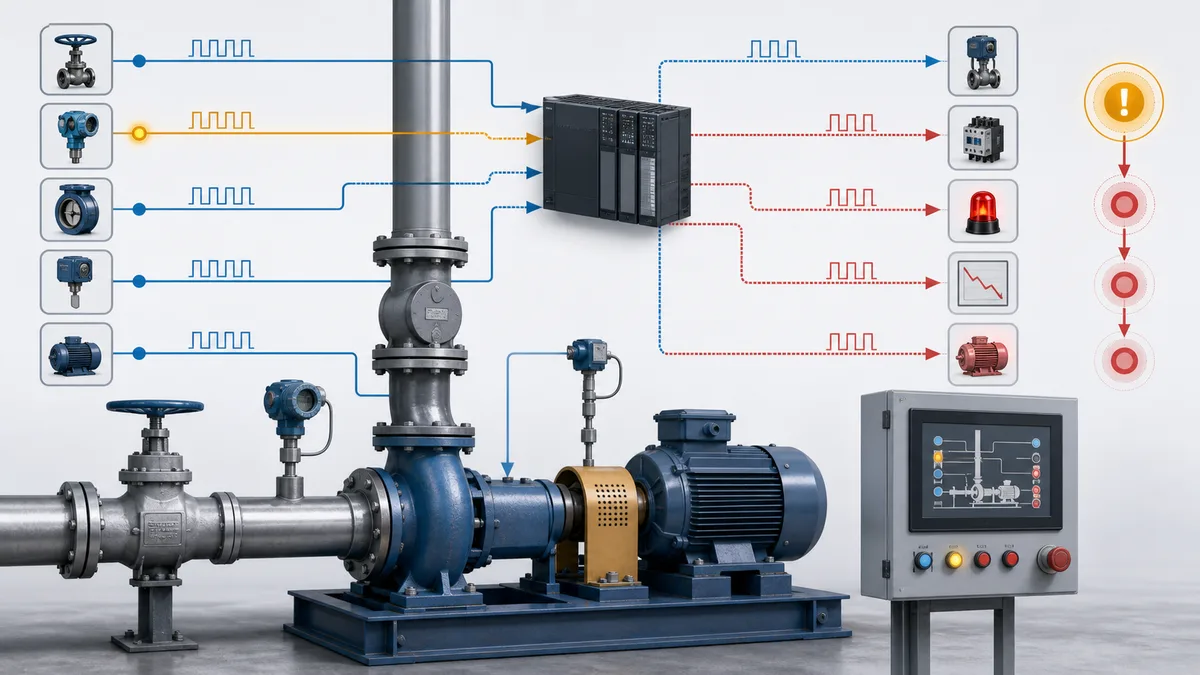 Centrifugal pump skid with suction valve and pressure instrument, flow and motor feedback connected to a PLC, highlighting the earliest abnormal input before later trip consequences