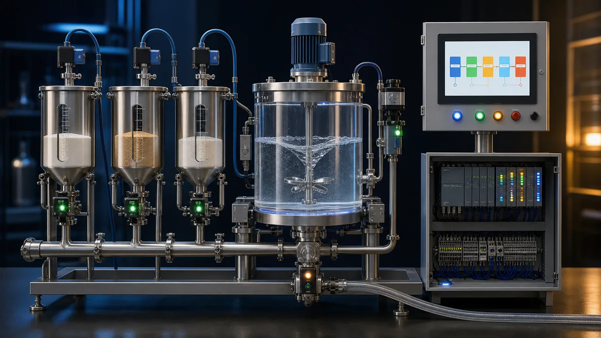 Batch mixer PLC project with three ingredient vessels, weigh tank, agitator, valves, generic PLC and operator panel