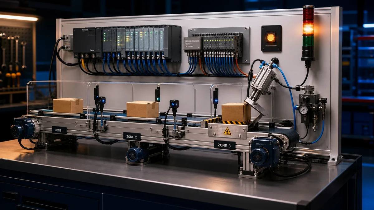 Guarded three-zone conveyor PLC project with cartons, photoelectric sensors, reject diverter, pneumatic components and generic I/O