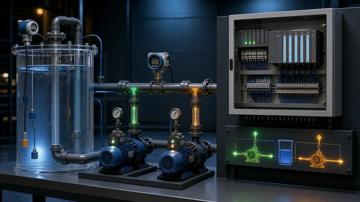 Dual-pump PLC project with transparent level tank, analog instruments, two pumps, feedback cues and generic control enclosure