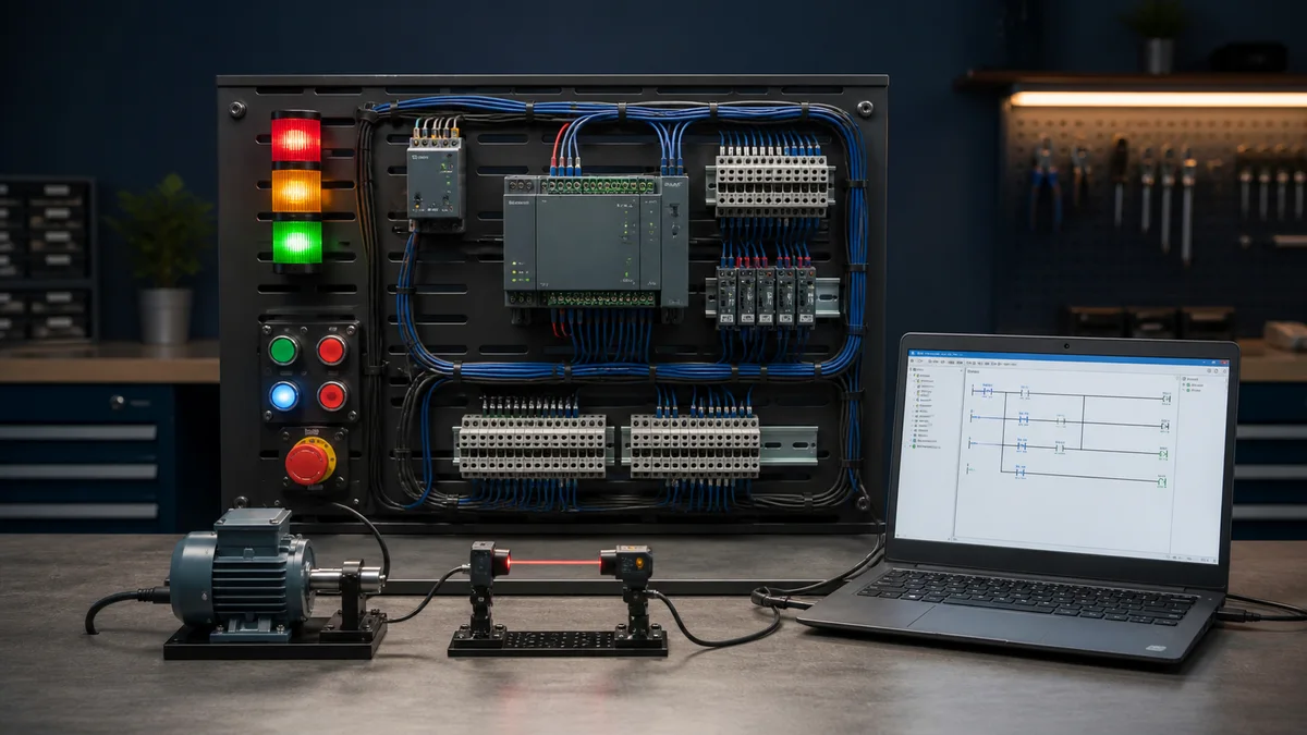 Low-voltage PLC project workbench with generic controller, stack light, pushbuttons, motor, photoelectric sensor and ladder logic display