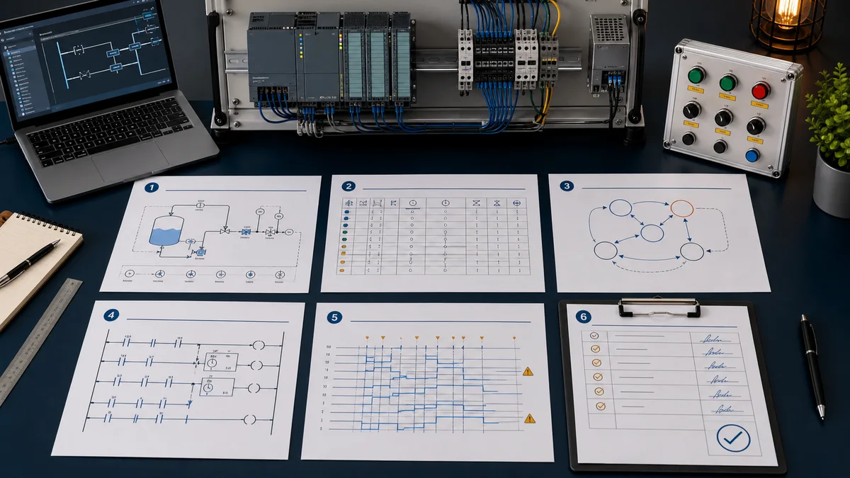 PLC project evidence portfolio showing a process requirement, I/O table, state sketch, ladder logic, fault trace and signed acceptance checklist beside a generic trainer