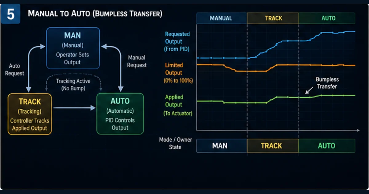 Manual track and automatic PID ownership states with continuous applied output through bumpless transfer