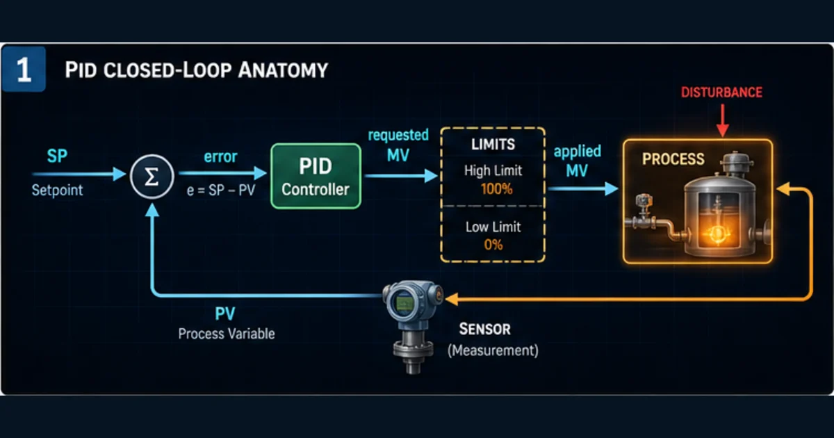 PID closed-loop anatomy from setpoint and error through controller limits process sensor and process-variable feedback