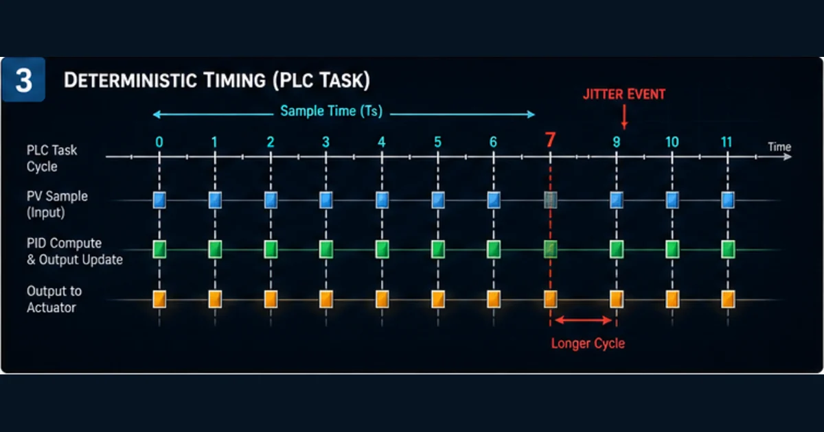 PLC PID task timeline showing regular samples output updates and one highlighted jitter event