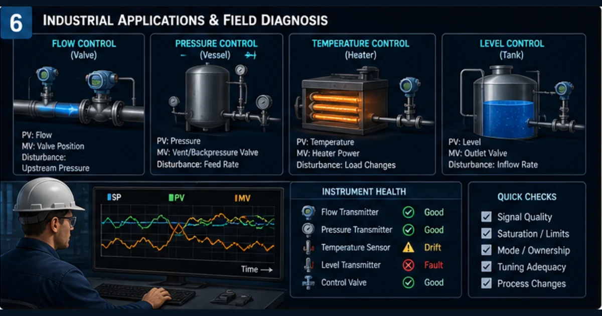 Industrial PID applications for flow pressure temperature and level with a technician reviewing SP PV and MV trends