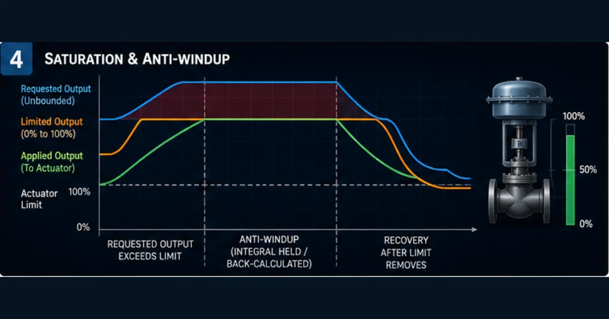 Requested limited and applied PID outputs during saturation anti-windup and recovery