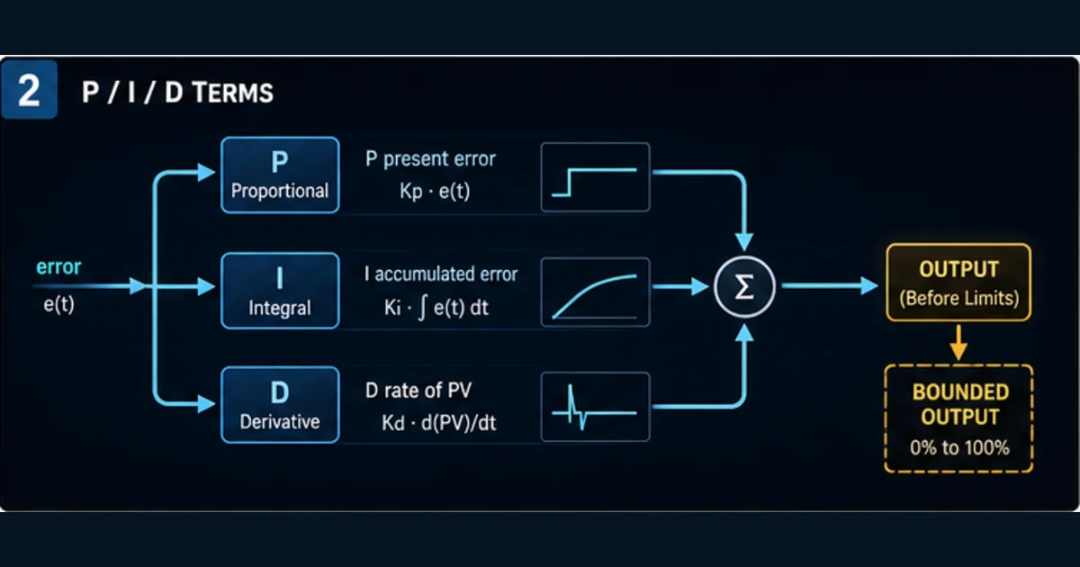 Parallel proportional integral and derivative concept paths combining into a bounded controller output