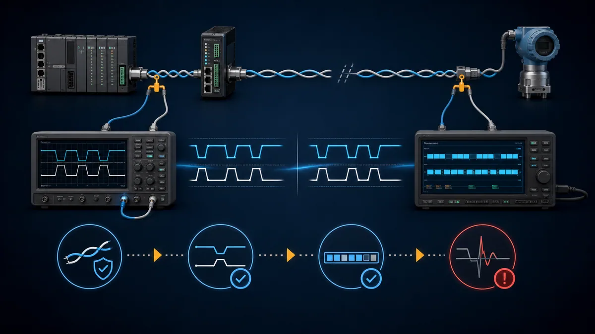 PLC and field instrument RS-485 trunk observed at near and far ends with waveform and protocol evidence