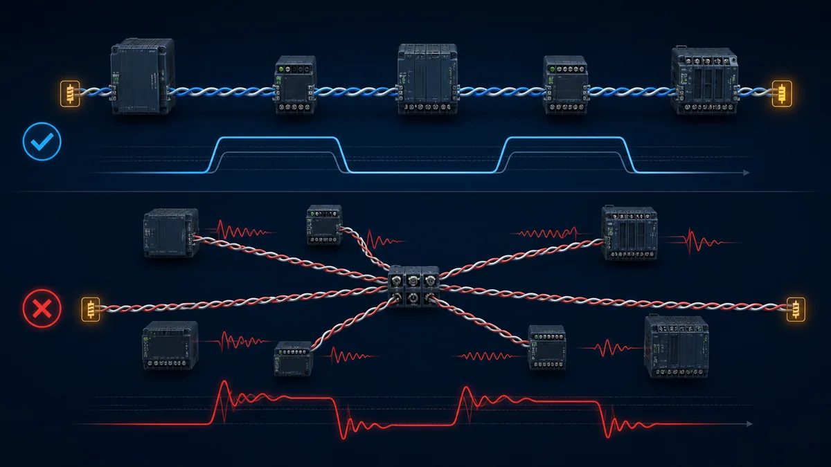 Correct continuous two-wire RS-485 trunk compared with a passive star that creates reflection paths