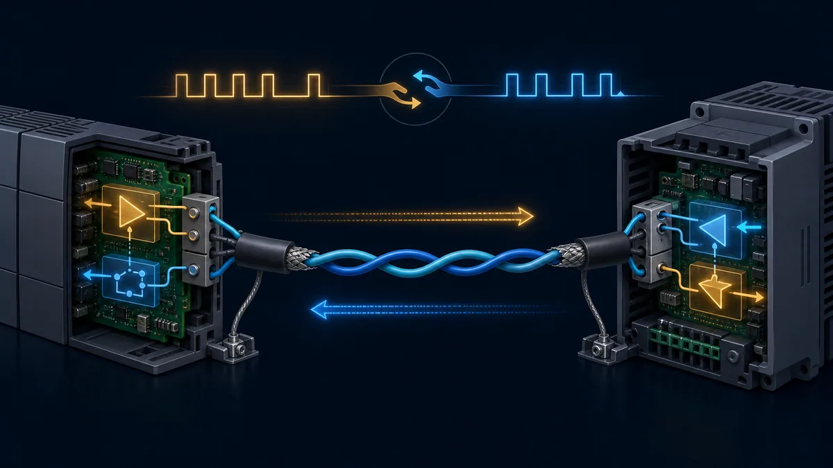 Conceptual half-duplex RS-485 devices taking turns to transmit over one shared twisted pair
