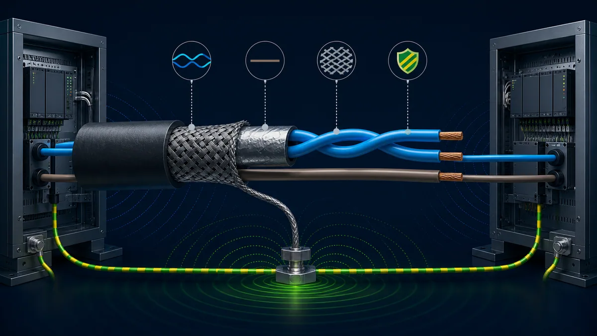 Exploded RS-485 cable showing twisted signal pair, separate reference conductor, braided shield and cabinet bonding