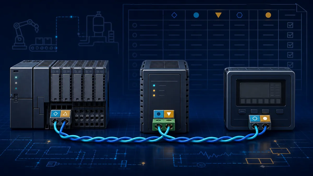 PLC, gateway and meter using different terminal symbols while sharing one verified RS-485 pair