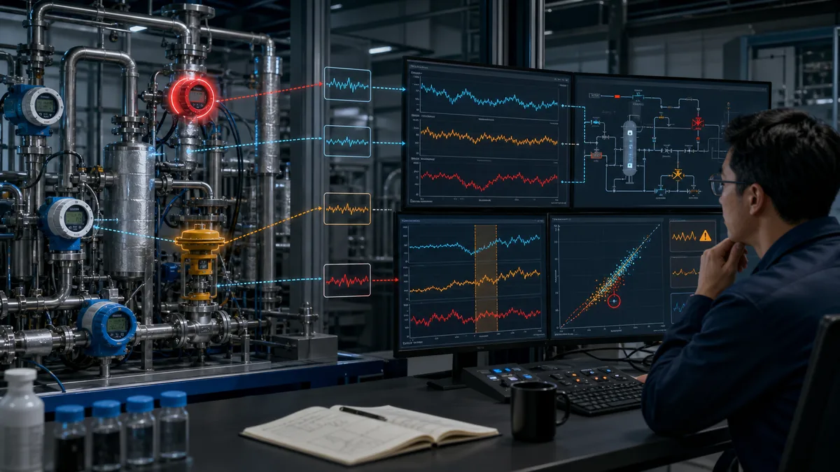Advanced process control health dashboard linking measurement quality valve and PID health model residuals controller availability and economic outcome