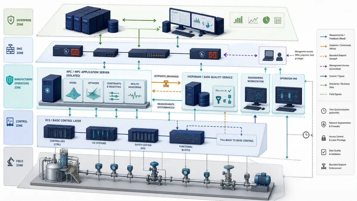 Advanced process control software architecture connecting process data model engineering constrained optimizer operator interface BPCS and lifecycle monitoring