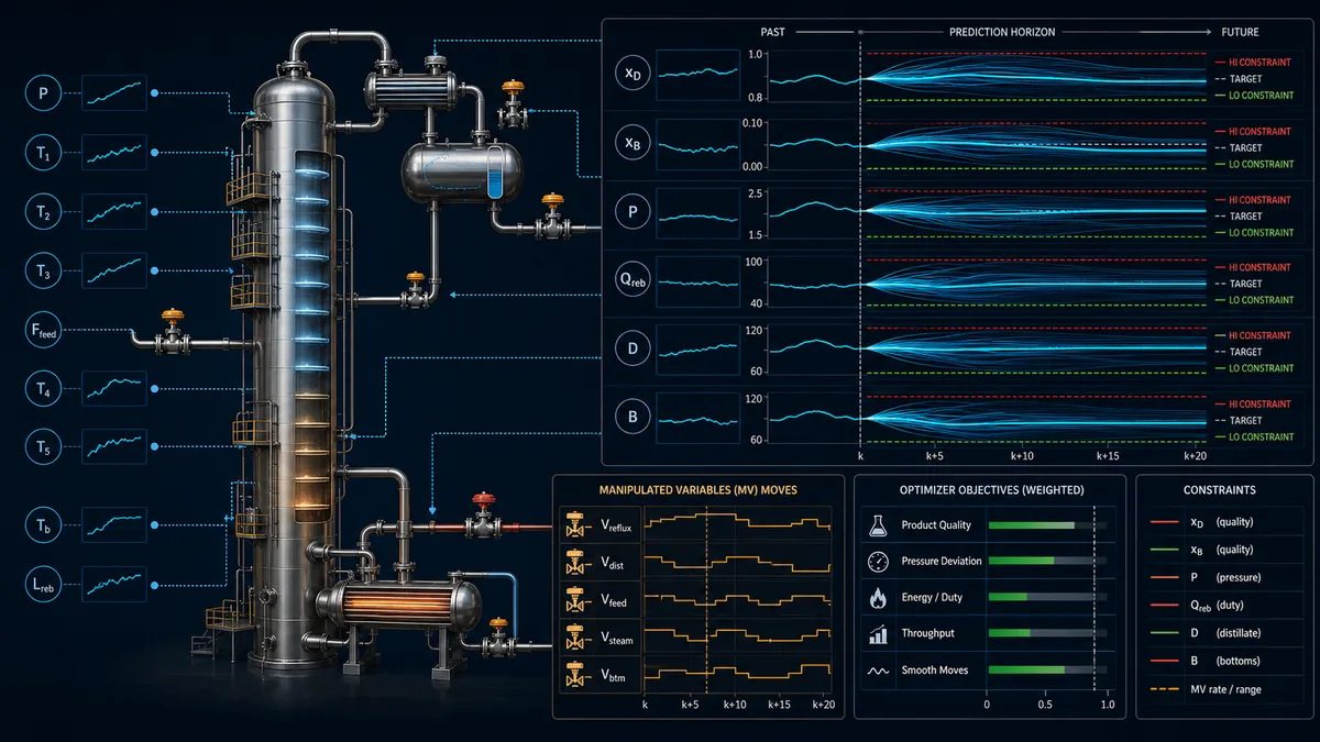 Model predictive control example for a distillation column coordinating reflux steam and product draw against purity pressure and reboiler constraints