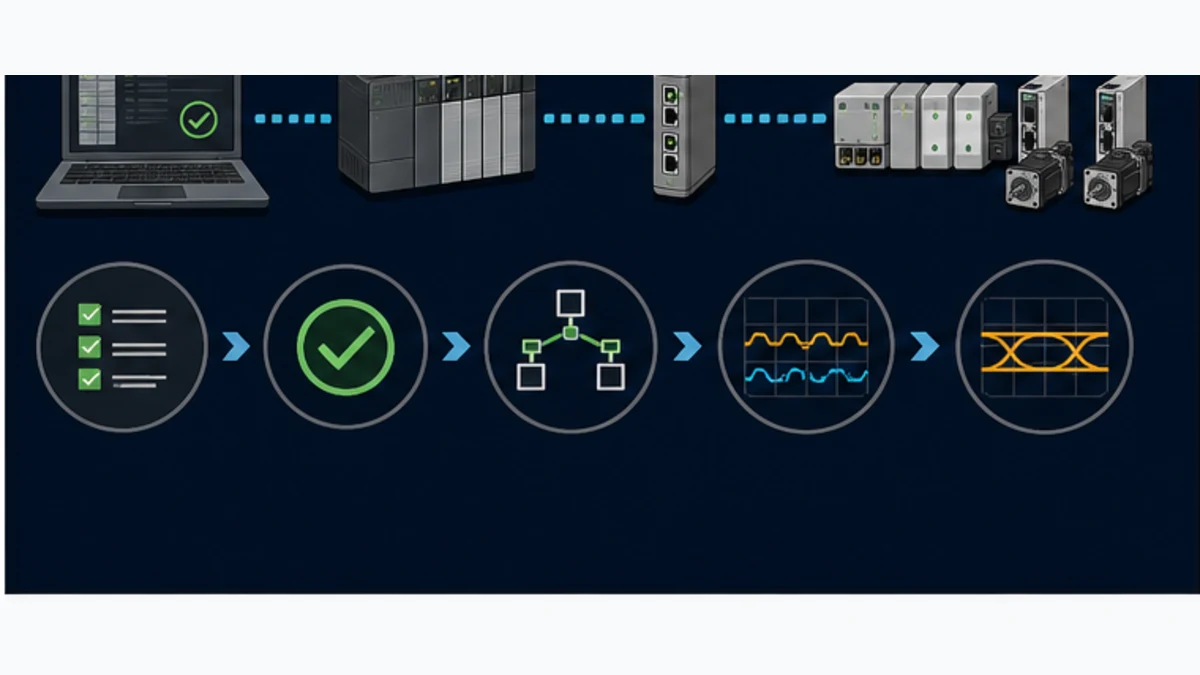 Layered Allen-Bradley EtherCAT commissioning chain from engineering workstation through Logix gateway I O and drives to measured trace evidence