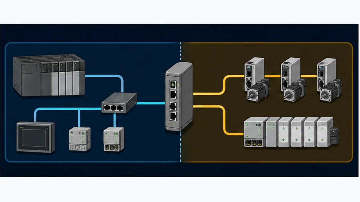 Separate EtherNet IP and EtherCAT zones divided by a dual-network industrial gateway