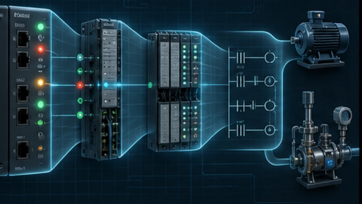 Conceptual Allen-Bradley diagnosis chain from controller and I/O through ladder logic to motor and process equipment