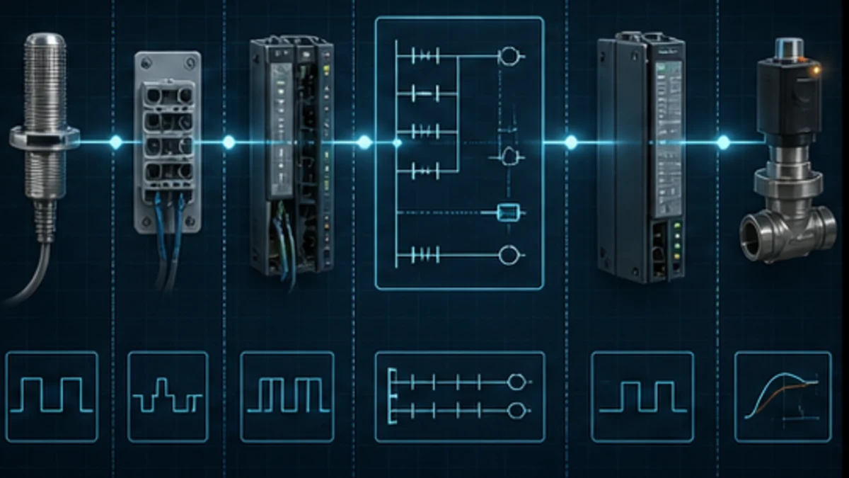Conceptual signal trace from field sensor through terminal, input module, PLC logic and output module to actuator