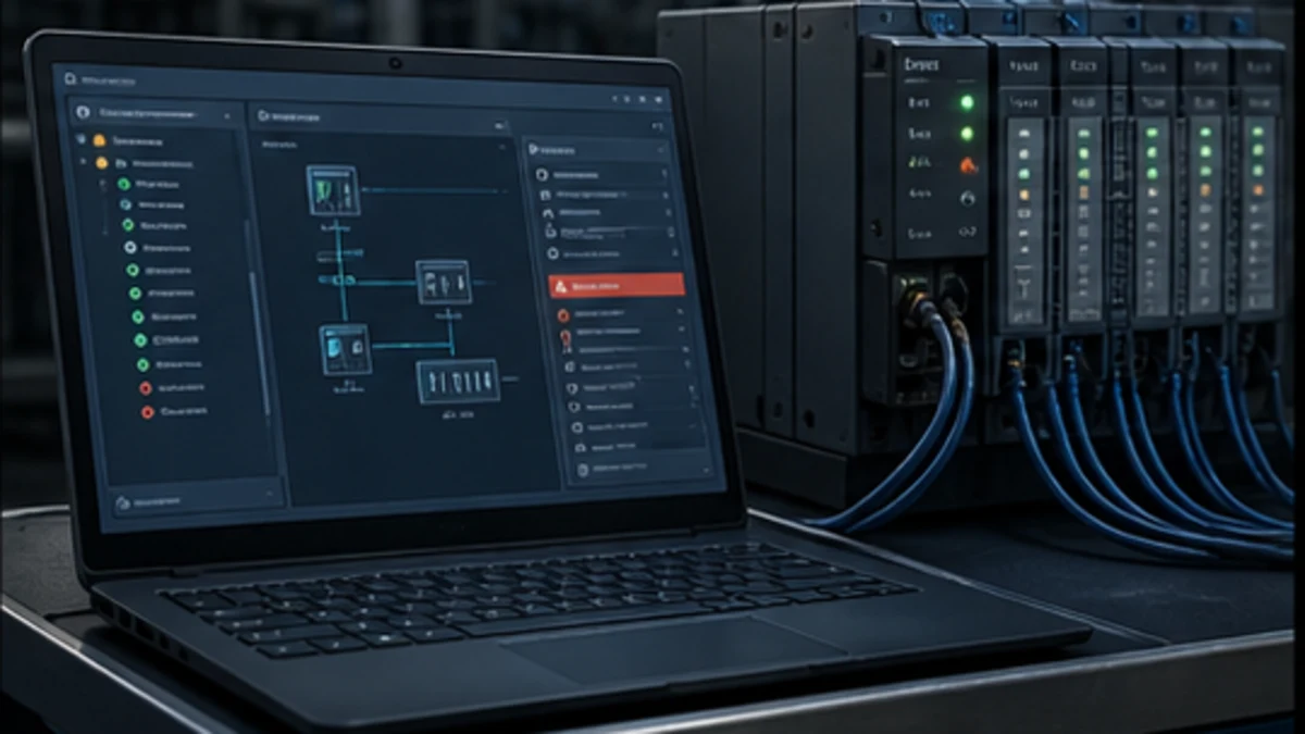 Conceptual engineering workstation showing a module path and connection fault beside an I/O rack