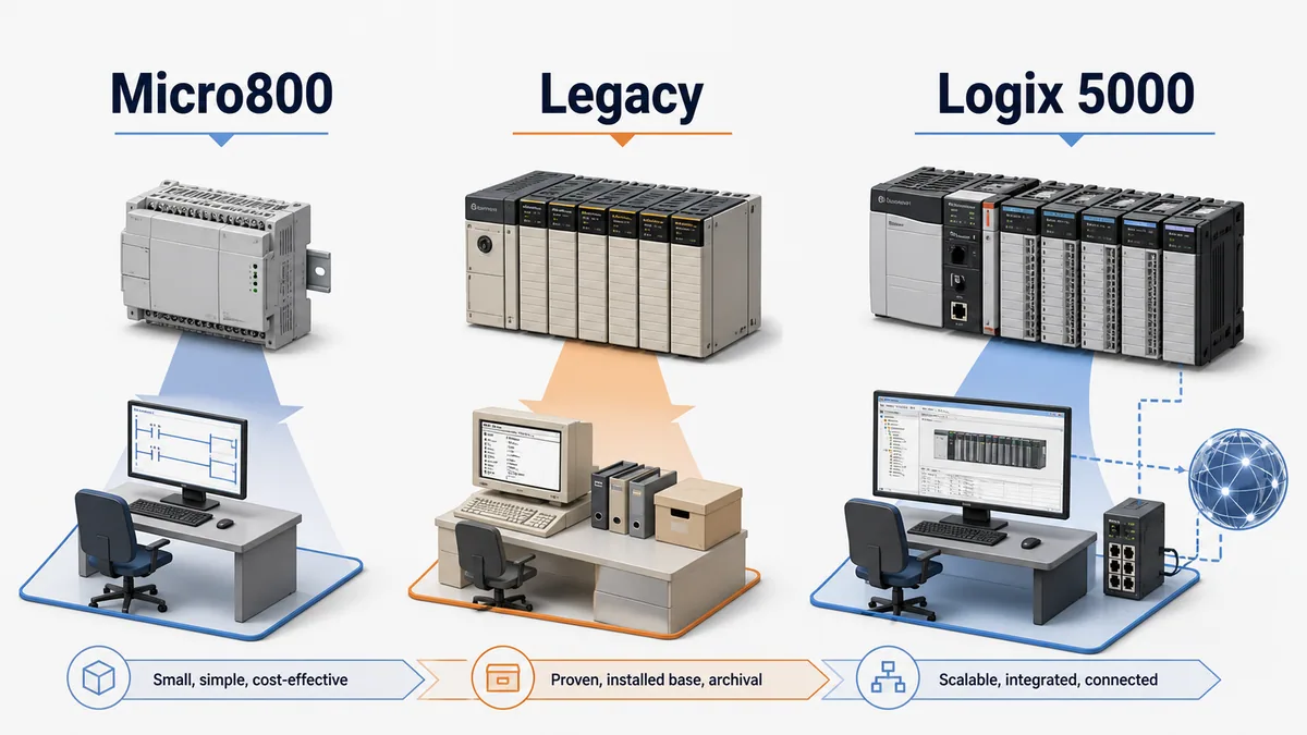 Conceptual comparison of Micro800, legacy Allen-Bradley and Logix 5000 controller and engineering workstation paths