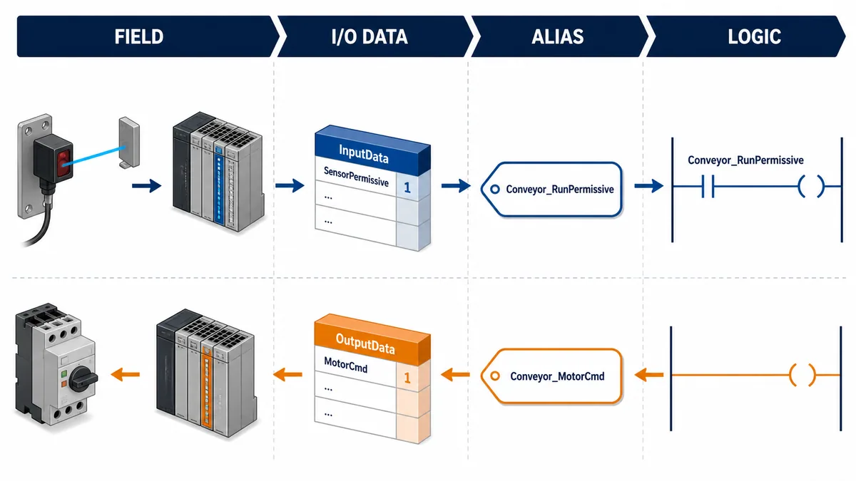 Conceptual map from field sensor through Logix module I/O data and descriptive alias into logic, with command path back to an output load