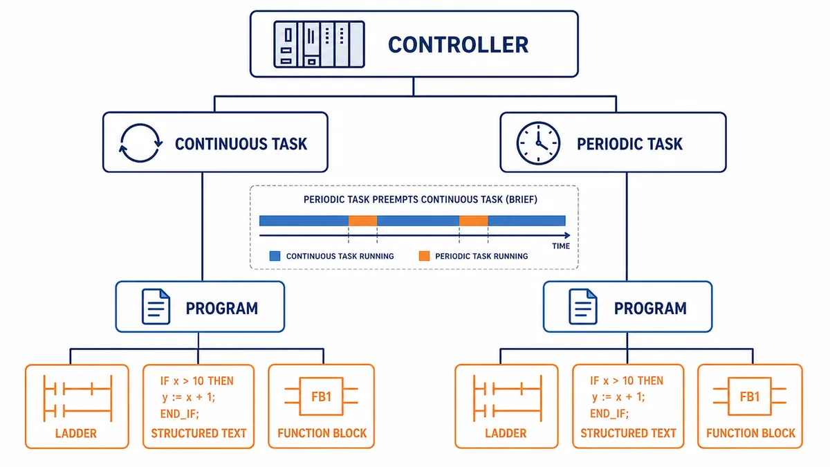 Conceptual Logix controller hierarchy with continuous and periodic tasks, programs and sibling ladder, structured text and function block routines