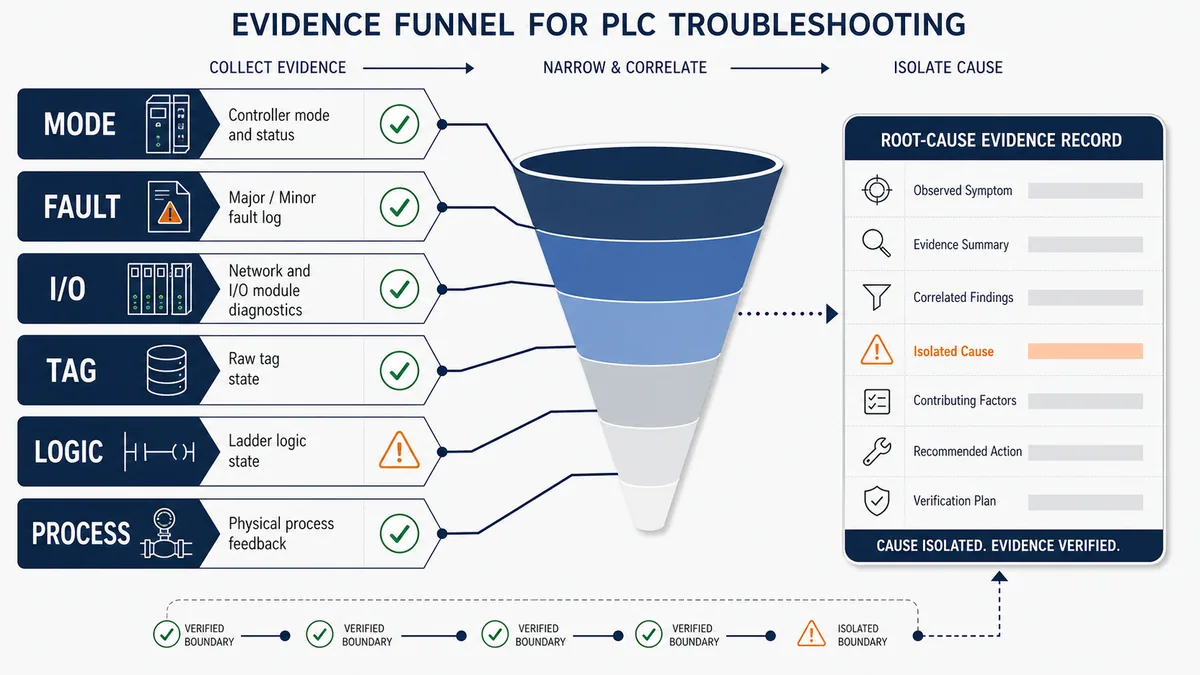 Allen-Bradley PLC troubleshooting evidence funnel from controller mode and faults through I/O, tags, logic and physical process