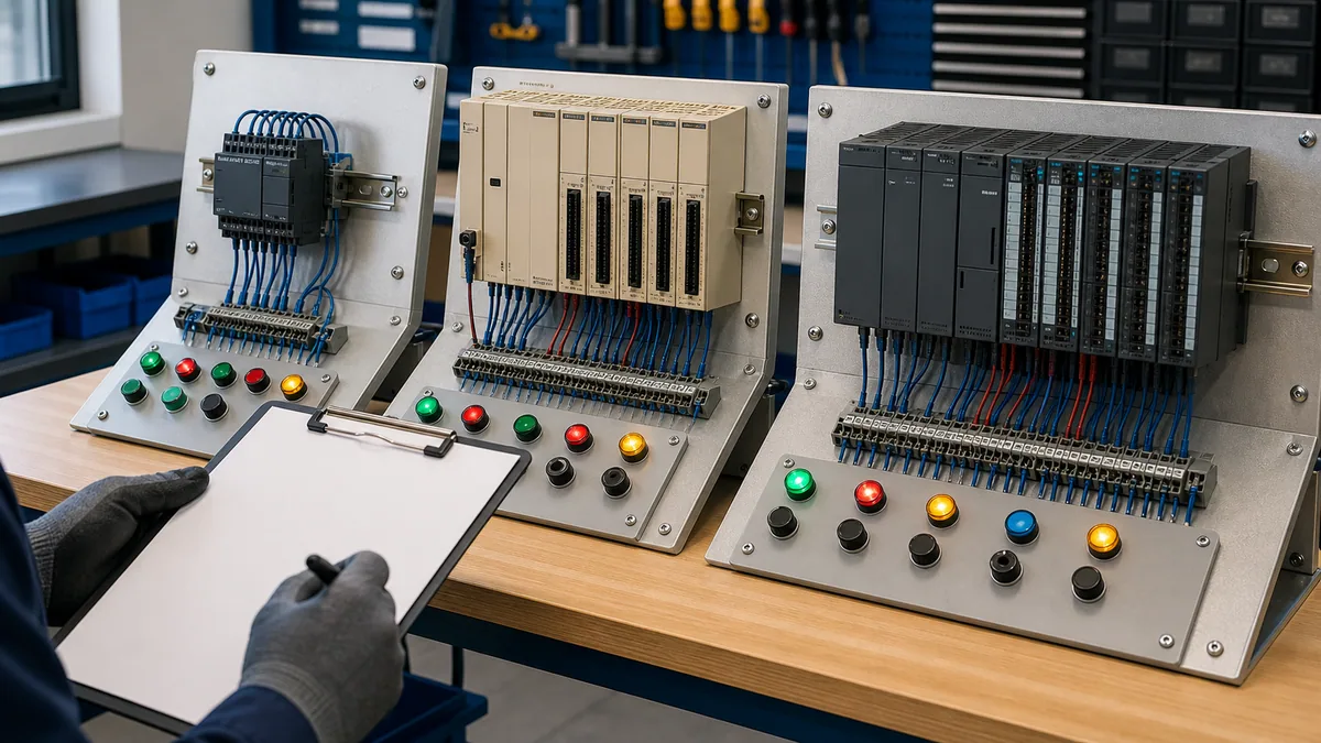 Three unbranded training stations representing compact micro, legacy rack and modern modular PLC learning paths