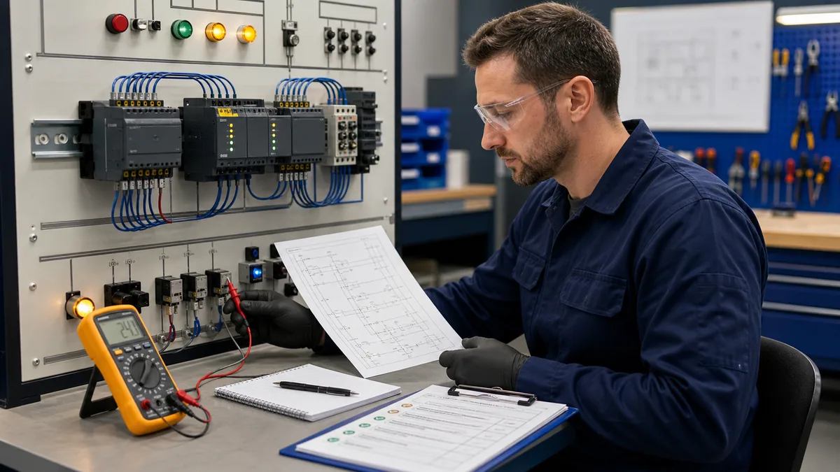 Maintenance learner comparing a safe low-voltage PLC training rig, schematic, meter reading and diagnostic checklist