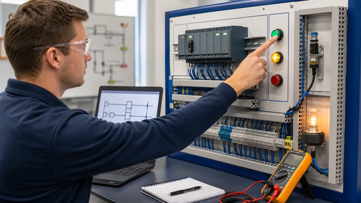 Adult learner operating a safe low-voltage input while observing PLC status, logic and an output indicator