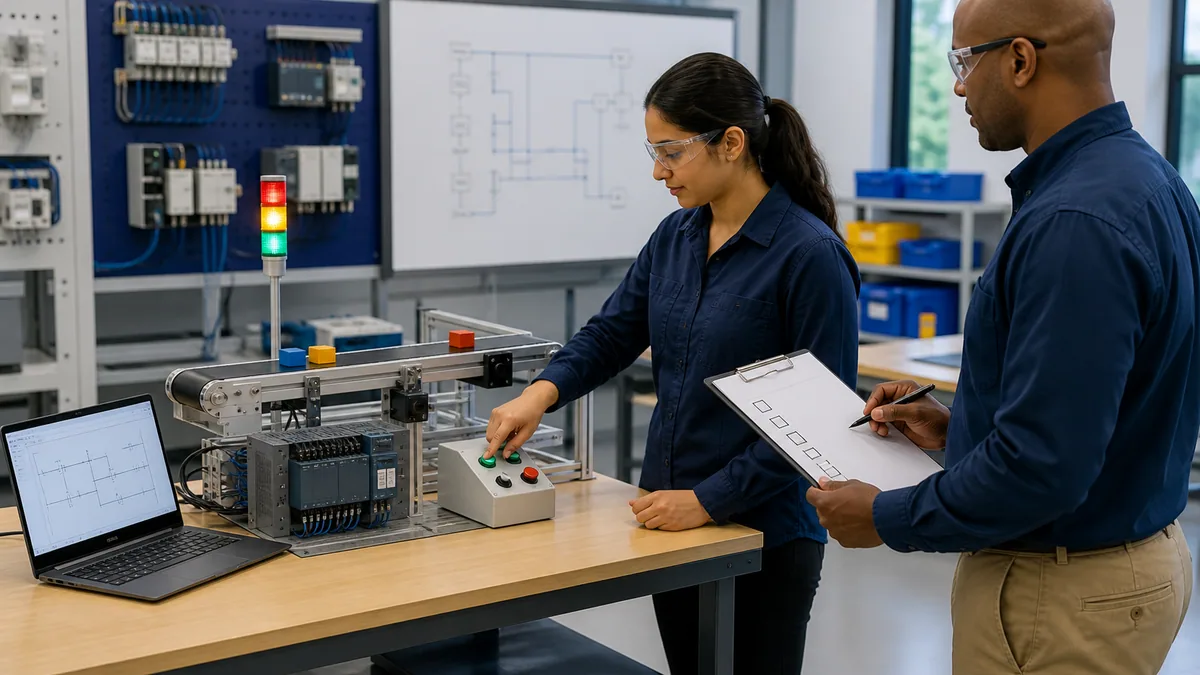 Adult learner demonstrating a tabletop conveyor sequence while an assessor records practical PLC evidence