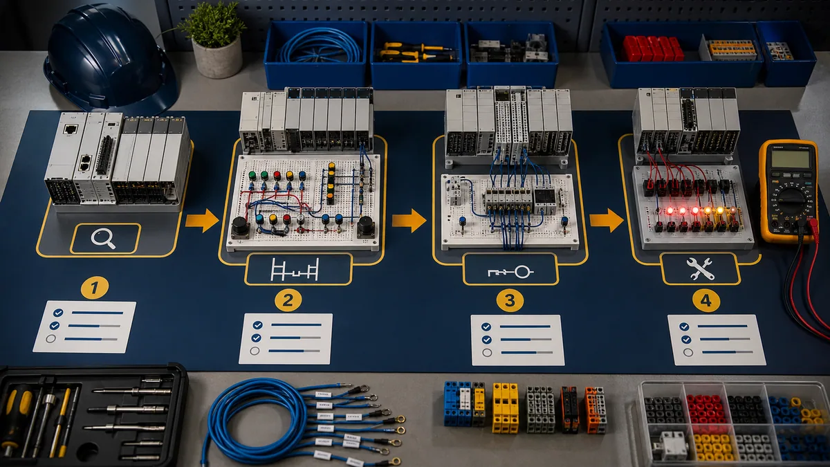 Four-stage PLC training workbench progressing from controller inspection through logic, I/O and fault diagnosis