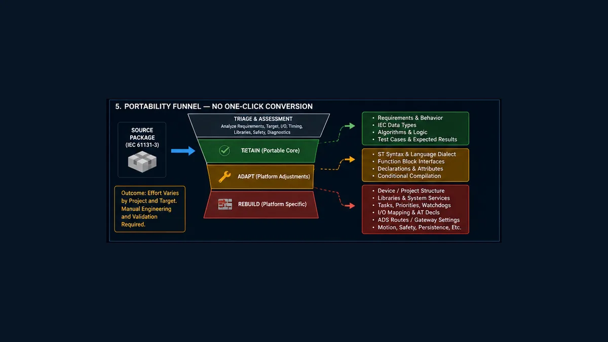 TwinCAT 3 to CODESYS portability funnel separating retained requirements and algorithms adapted ST declarations and rebuilt project device library task I O motion safety and persistence layers