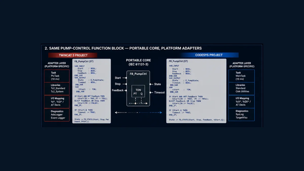Matched pump-control function block with a shared IEC Structured Text core surrounded by separate TwinCAT 3 and CODESYS task library I O and diagnostic adapters