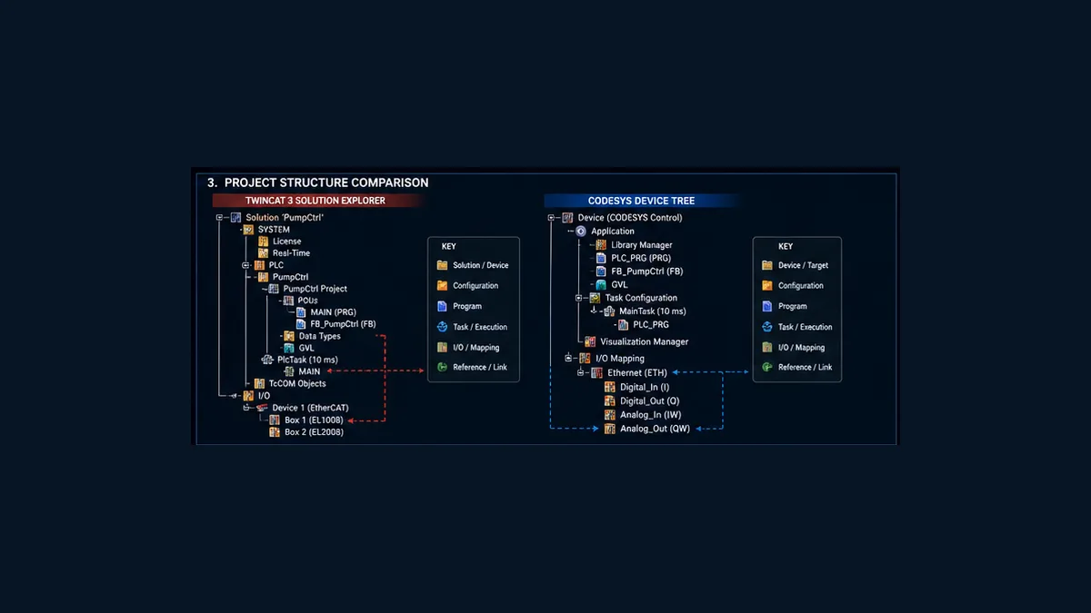 Conceptual TwinCAT 3 solution tree and CODESYS device tree showing programs tasks libraries and I O configuration in different project structures