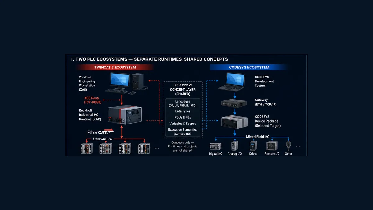 Separate TwinCAT 3 XAE ADS XAR EtherCAT and CODESYS Development System gateway device-package runtime ecosystems linked only by shared IEC programming concepts