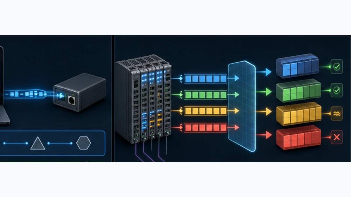 Conceptual TwinCAT engineering workstation comparing a planned EtherCAT topology with a discovered coupler terminal and drive chain