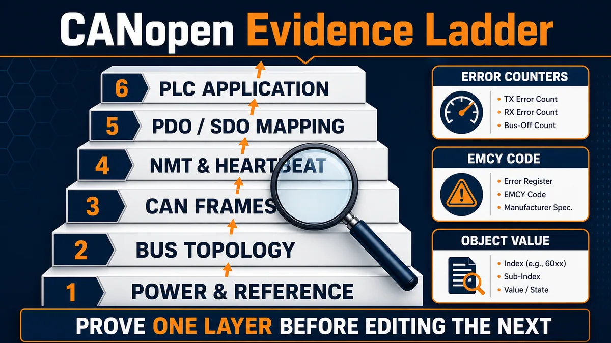 CANopen evidence ladder from power and reference through topology, CAN frames, NMT heartbeat, PDO SDO mapping and PLC application