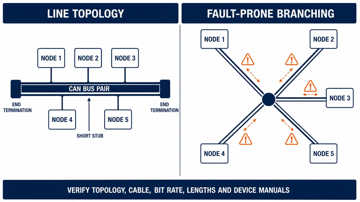 Conceptual comparison of a CANopen line topology with two end terminations and short stubs versus fault-prone long branching