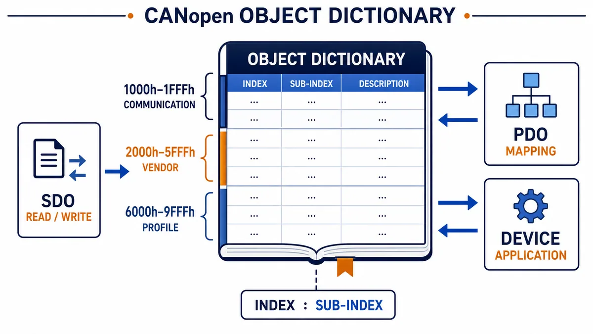 Conceptual CANopen object dictionary showing index and sub-index, communication, manufacturer and profile ranges, SDO access, PDO mapping and device application
