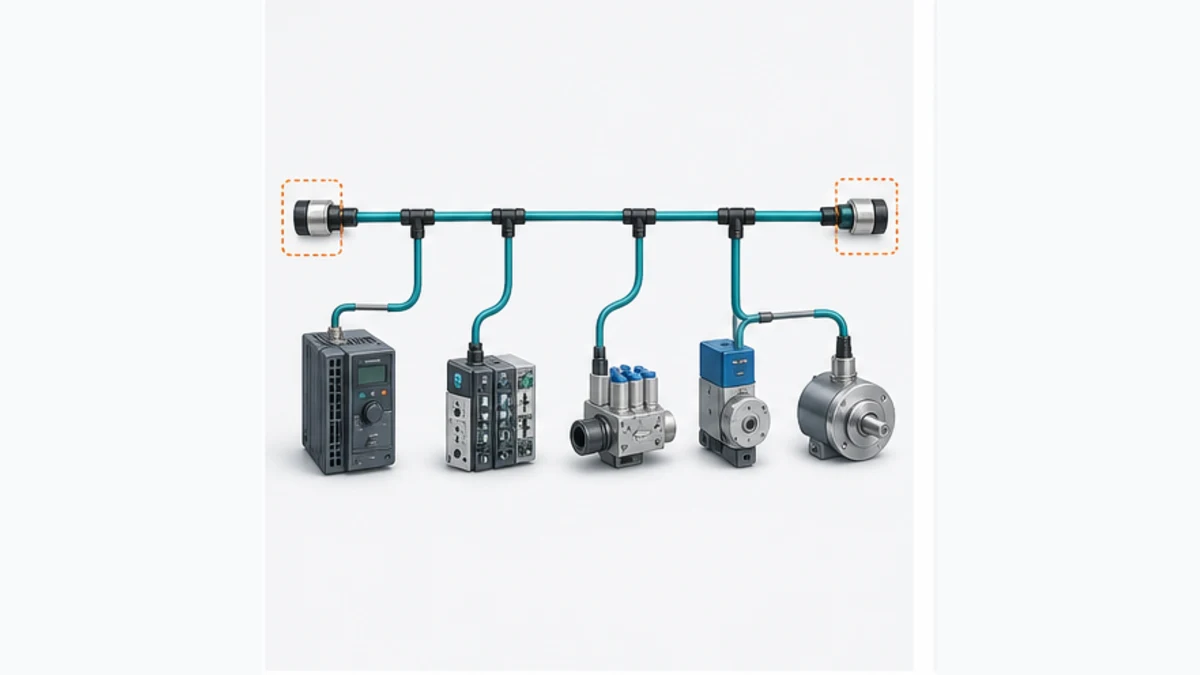 Conceptual linear CANopen bus with short device drops and termination at the two physical cable ends
