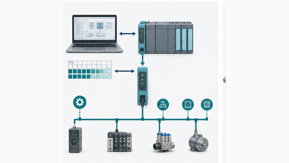 Conceptual S7-1200 CANopen architecture from engineering workstation and PLC process image through communication module to managed field devices