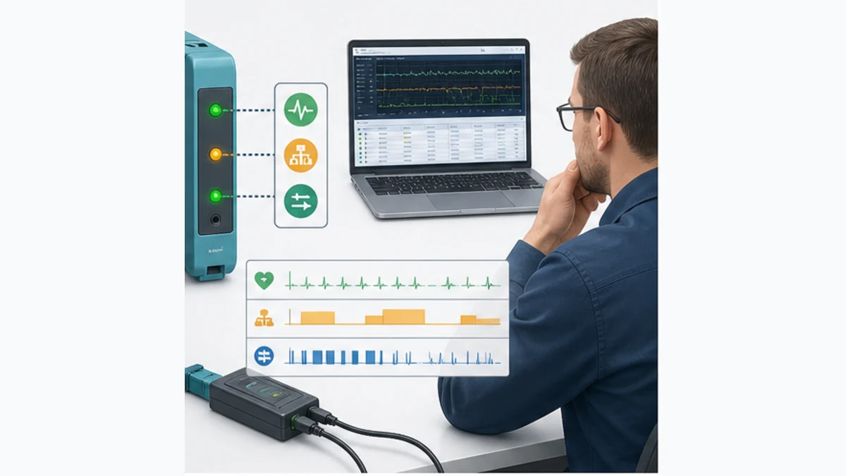 Conceptual CM CANopen diagnostics with module indicators analyzer traces heartbeat network state and PDO evidence