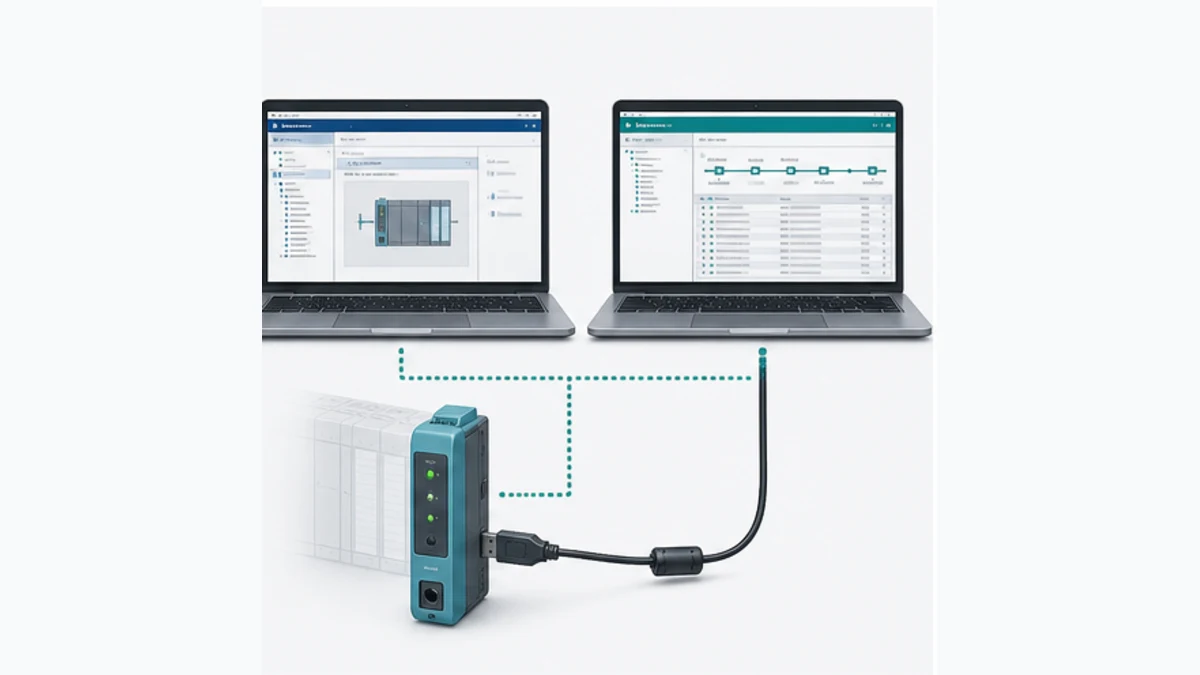 Conceptual two-tool workflow with separate PLC hardware configuration and CANopen network configuration transferred to the companion module